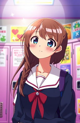 A determined high school teenage girl in a colorful anime style, wearing a school uniform, with a hopeful expression on her face as she looks towards a bright light symbolizing her dreams
