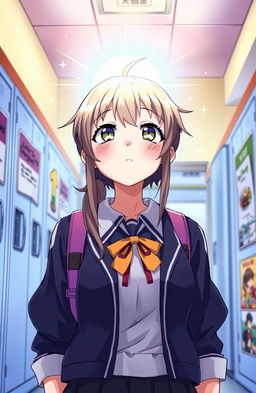 A determined high school teenage girl in a colorful anime style, wearing a school uniform, with a hopeful expression on her face as she looks towards a bright light symbolizing her dreams