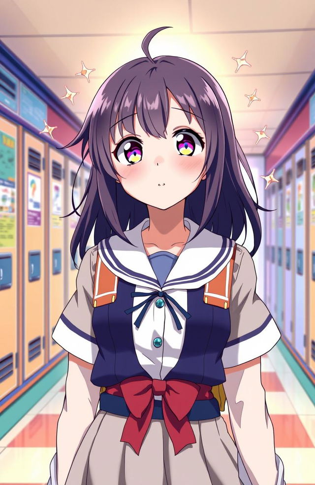 A determined high school teenage girl in a colorful anime style, wearing a school uniform, with a hopeful expression on her face as she looks towards a bright light symbolizing her dreams