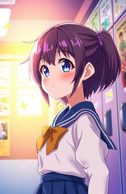 A determined high school teenage girl in a colorful anime style, wearing a school uniform, with a hopeful expression on her face as she looks towards a bright light symbolizing her dreams