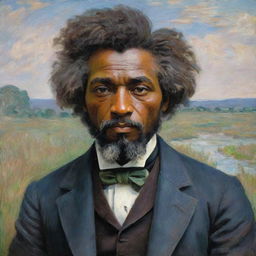 Capture a young Frederick Douglass looking out into the distance, his eyes reflecting a yearning for freedom, painted in Claude Monet’s impressionistic style. The vibrant, textured strokes of the landscape echo his hopeful vision and determined spirit.