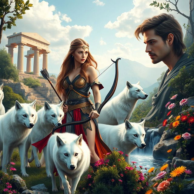 An enchanting book cover set in modern-day Greece, showcasing the formidable goddess Artemis amidst a breathtaking wilderness