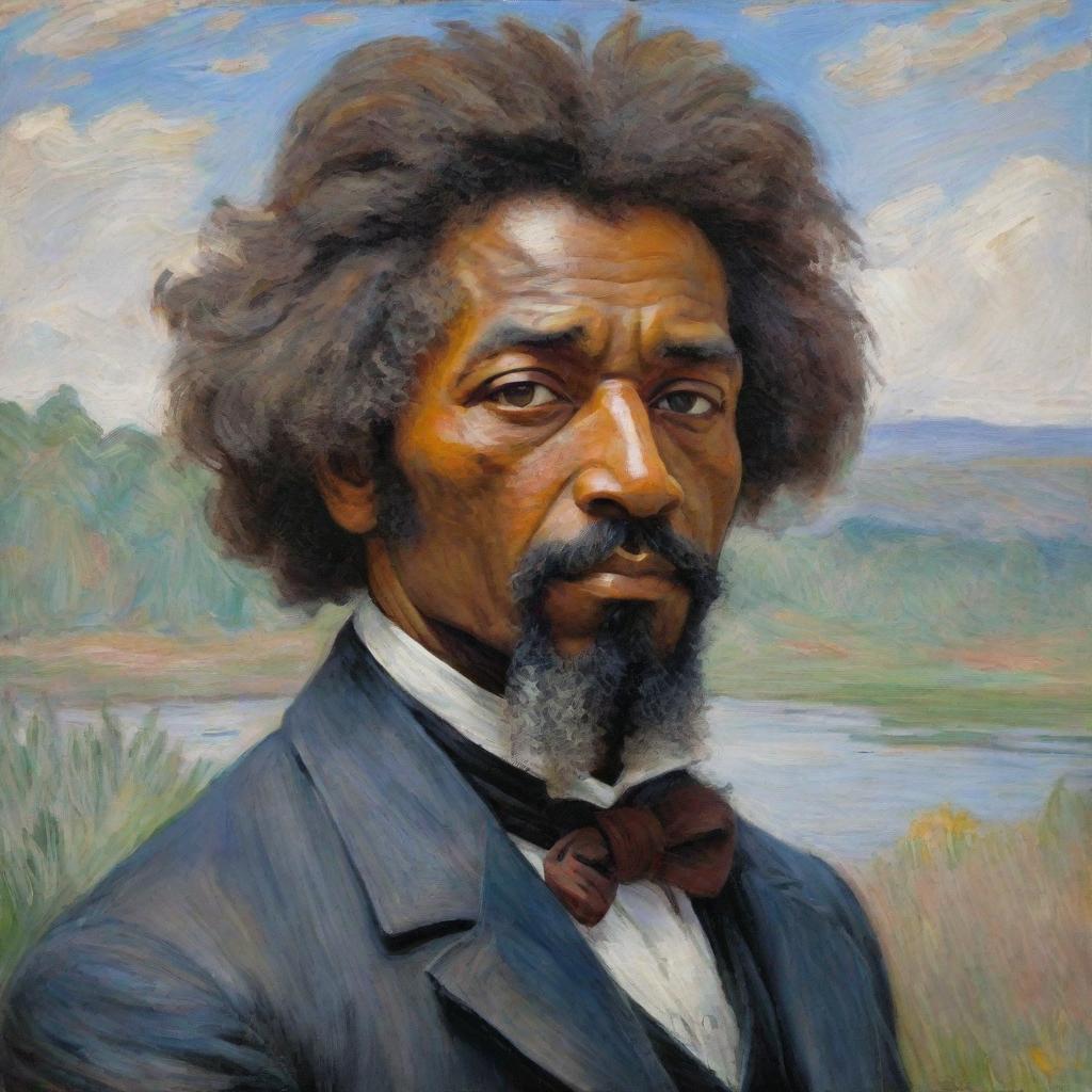 Capture a young Frederick Douglass looking out into the distance, his eyes reflecting a yearning for freedom, painted in Claude Monet’s impressionistic style. The vibrant, textured strokes of the landscape echo his hopeful vision and determined spirit.