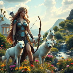 An enchanting book cover set in modern-day Greece, showcasing the formidable goddess Artemis amidst a breathtaking wilderness