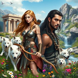 An enchanting book cover set in modern-day Greece, showcasing the formidable goddess Artemis amidst a breathtaking wilderness