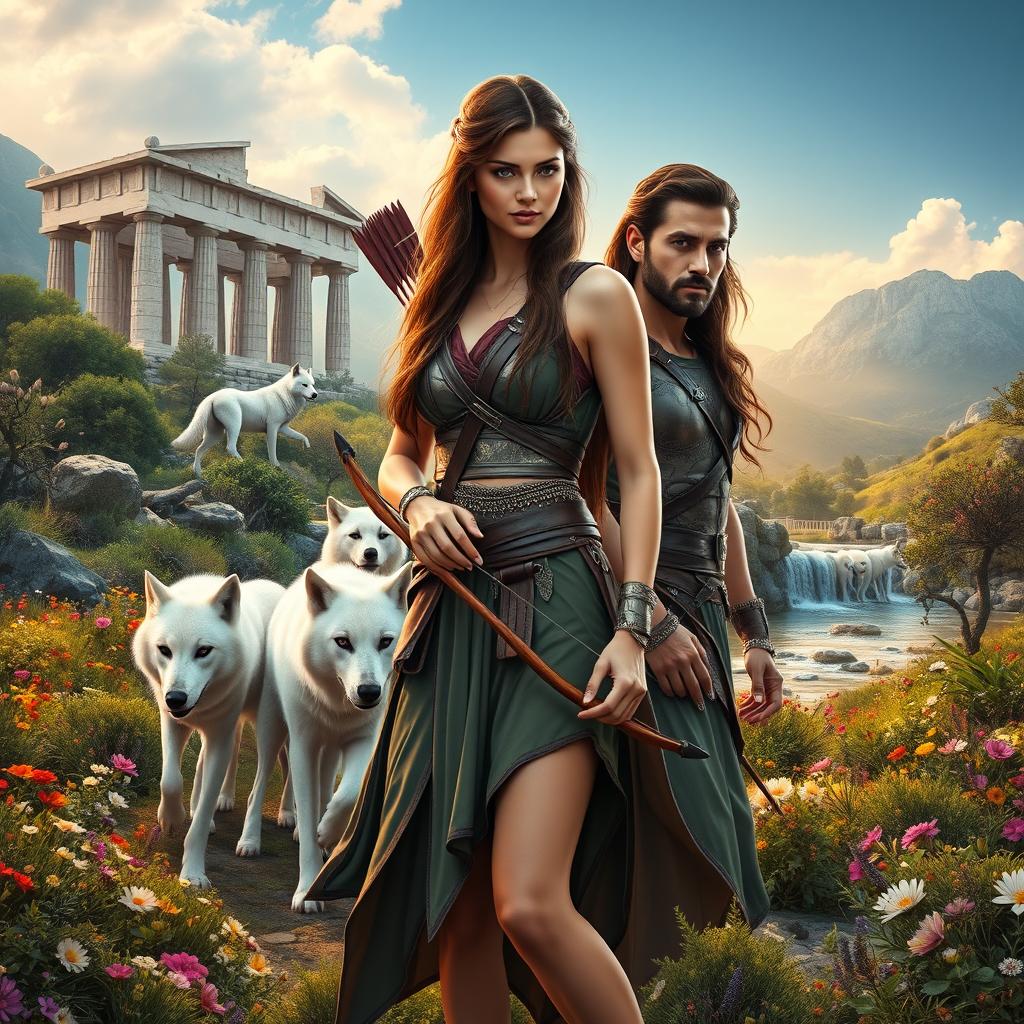 An enchanting book cover set in modern-day Greece, showcasing the formidable goddess Artemis amidst a breathtaking wilderness