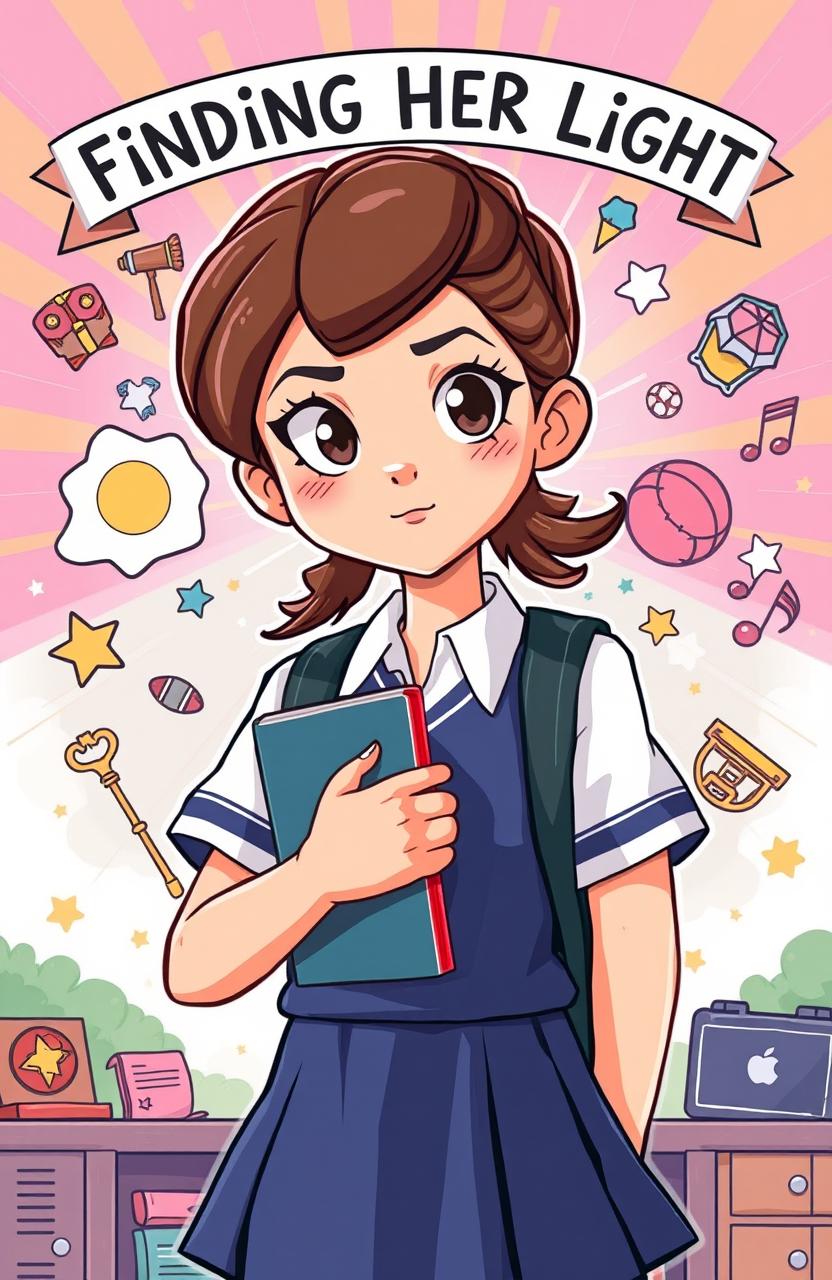 A cartoon illustration depicting a determined teenage girl in a high school uniform, standing in front of a bright, inspirational backdrop symbolizing her dreams