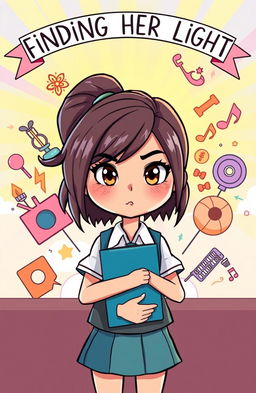 A cartoon illustration depicting a determined teenage girl in a high school uniform, standing in front of a bright, inspirational backdrop symbolizing her dreams