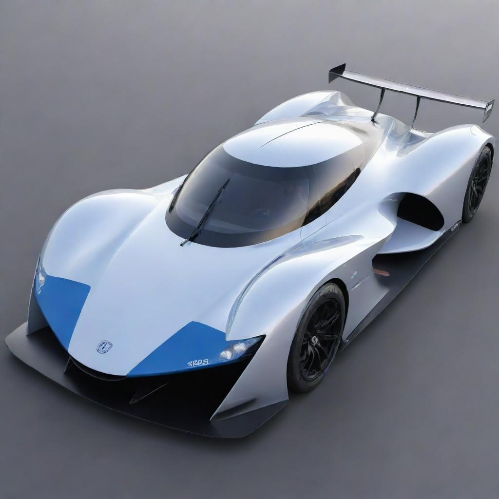 A Le Mans racing car from the year 2024, encompassing modern advancements in technology and design. It features an aerodynamic shape with lightweight materials, state-of-the-art digital displays, and a powerful electric engine visible under a transparent hood