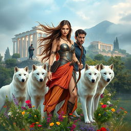 An inspiring book cover featuring the modern-day goddess Artemis standing confidently amidst the lush wilderness of Greece, her fierce beauty showcased by flowing hair that billows around her