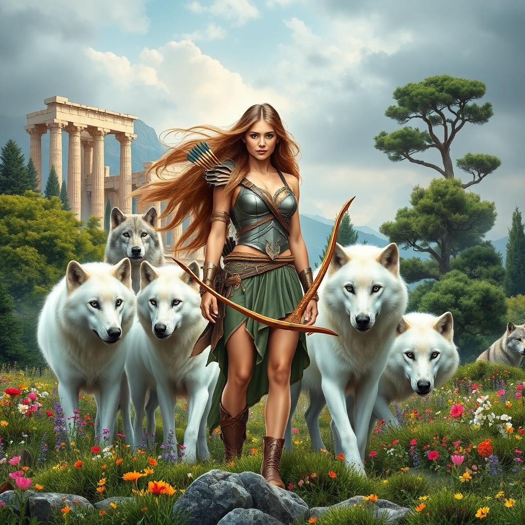 An inspiring book cover featuring the modern-day goddess Artemis standing confidently amidst the lush wilderness of Greece, her fierce beauty showcased by flowing hair that billows around her