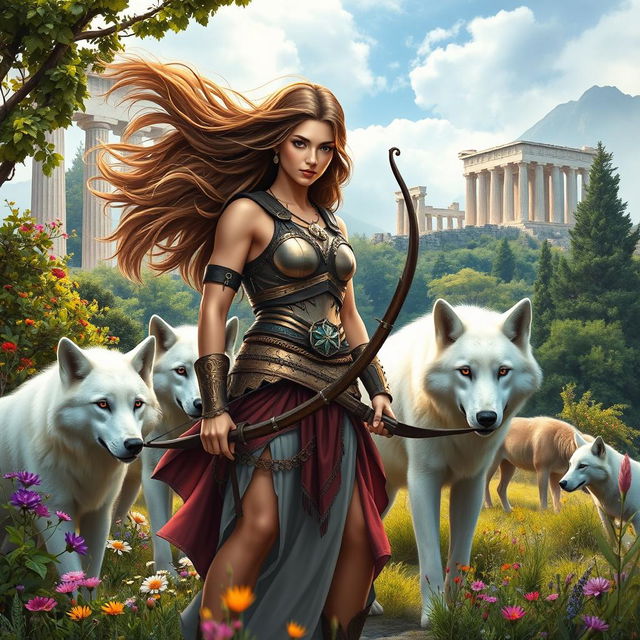 An inspiring book cover featuring the modern-day goddess Artemis standing confidently amidst the lush wilderness of Greece, her fierce beauty showcased by flowing hair that billows around her