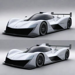 A Le Mans racing car from the year 2024, encompassing modern advancements in technology and design. It features an aerodynamic shape with lightweight materials, state-of-the-art digital displays, and a powerful electric engine visible under a transparent hood