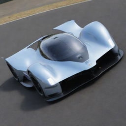 A Le Mans racing car from the year 2024, encompassing modern advancements in technology and design. It features an aerodynamic shape with lightweight materials, state-of-the-art digital displays, and a powerful electric engine visible under a transparent hood