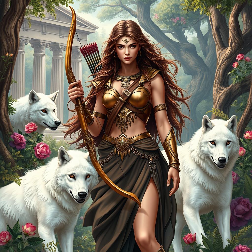 A captivating book cover illustrating the goddess Artemis in a modern-day Greek setting, poised gracefully in the heart of a lush forest