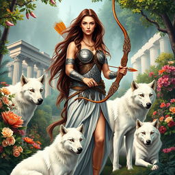 A captivating book cover illustrating the goddess Artemis in a modern-day Greek setting, poised gracefully in the heart of a lush forest