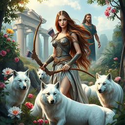 A captivating book cover illustrating the goddess Artemis in a modern-day Greek setting, poised gracefully in the heart of a lush forest