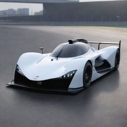 A Le Mans racing car from the year 2024, encompassing modern advancements in technology and design. It features an aerodynamic shape with lightweight materials, state-of-the-art digital displays, and a powerful electric engine visible under a transparent hood