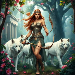 A captivating book cover illustrating the goddess Artemis in a modern-day Greek setting, poised gracefully in the heart of a lush forest