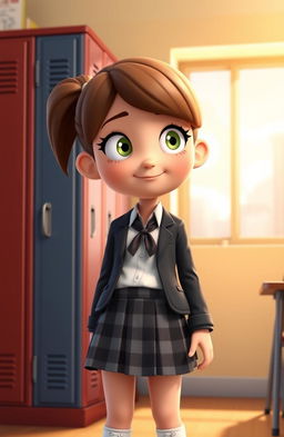 A 3D cartoon representation of a high school teenage girl named Sarah, who is determined to find her passion and fulfill her dreams despite her academic struggles