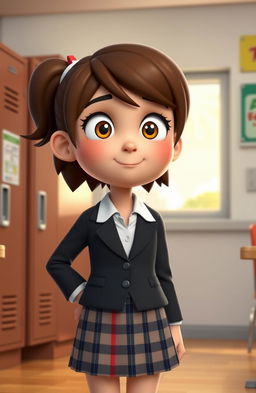 A 3D cartoon representation of a high school teenage girl named Sarah, who is determined to find her passion and fulfill her dreams despite her academic struggles