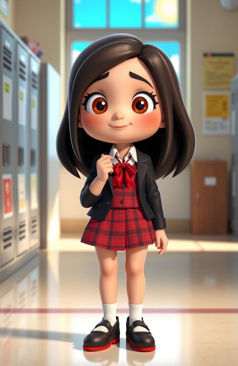 A 3D cartoon representation of a high school teenage girl named Sarah, who is determined to find her passion and fulfill her dreams despite her academic struggles