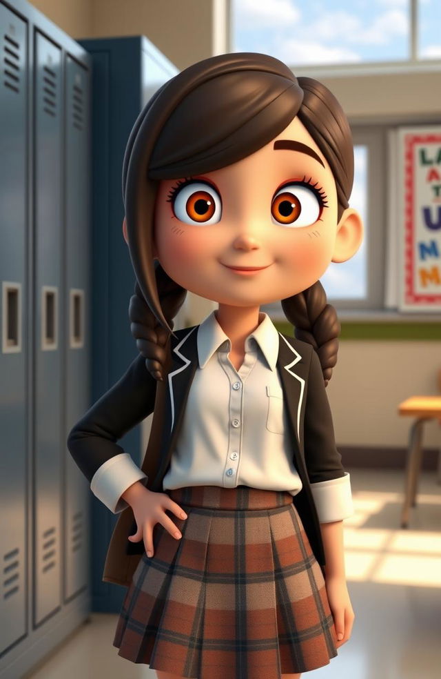 A 3D cartoon representation of a high school teenage girl named Sarah, who is determined to find her passion and fulfill her dreams despite her academic struggles