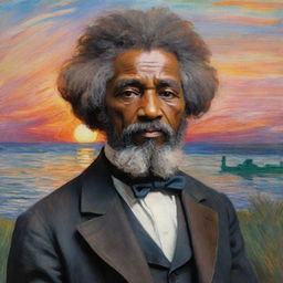 Create an image of a 12-year-old Frederick Douglass gazing at a sunset, symbolic of his quest for freedom, rendered in Claude Monet's impressionistic style. His aspiring eyes meet the horizon, the vibrant strokes capturing the evocative moment and the promise it holds.