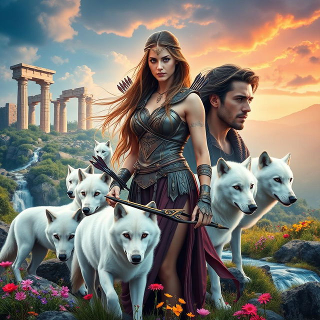 An enchanting book cover set in modern-day Greece, showcasing the formidable goddess Artemis amidst a breathtaking wilderness