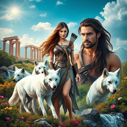 An enchanting book cover set in modern-day Greece, showcasing the formidable goddess Artemis amidst a breathtaking wilderness