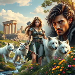 An enchanting book cover set in modern-day Greece, showcasing the formidable goddess Artemis amidst a breathtaking wilderness