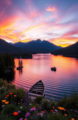 A picturesque landscape featuring a vibrant sunset over a tranquil lake, surrounded by dense forest and mountains in the background