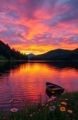 A picturesque landscape featuring a vibrant sunset over a tranquil lake, surrounded by dense forest and mountains in the background