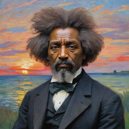 Create an image of a 12-year-old Frederick Douglass gazing at a sunset, symbolic of his quest for freedom, rendered in Claude Monet's impressionistic style. His aspiring eyes meet the horizon, the vibrant strokes capturing the evocative moment and the promise it holds.