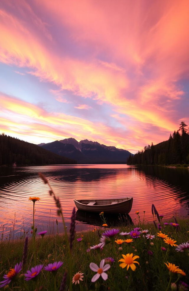 A picturesque landscape featuring a vibrant sunset over a tranquil lake, surrounded by dense forest and mountains in the background