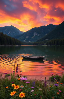 A picturesque landscape featuring a vibrant sunset over a tranquil lake, surrounded by dense forest and mountains in the background