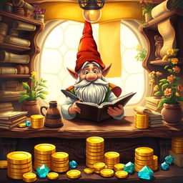 A whimsical scene featuring a gnome moneylender sitting behind an ornate wooden desk, surrounded by colorful stacks of gold coins and sparkling gemstones