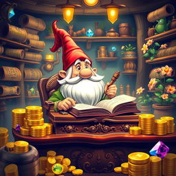 A whimsical scene featuring a gnome moneylender sitting behind an ornate wooden desk, surrounded by colorful stacks of gold coins and sparkling gemstones