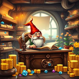 A whimsical scene featuring a gnome moneylender sitting behind an ornate wooden desk, surrounded by colorful stacks of gold coins and sparkling gemstones