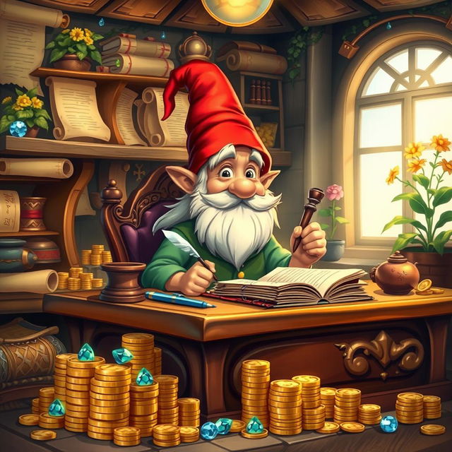 A whimsical scene featuring a gnome moneylender sitting behind an ornate wooden desk, surrounded by colorful stacks of gold coins and sparkling gemstones