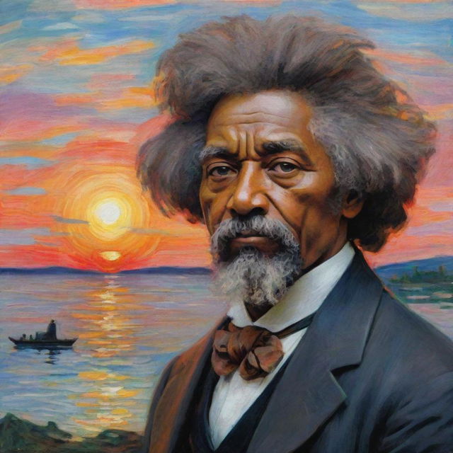 Create an image of a 12-year-old Frederick Douglass gazing at a sunset, symbolic of his quest for freedom, rendered in Claude Monet's impressionistic style. His aspiring eyes meet the horizon, the vibrant strokes capturing the evocative moment and the promise it holds.