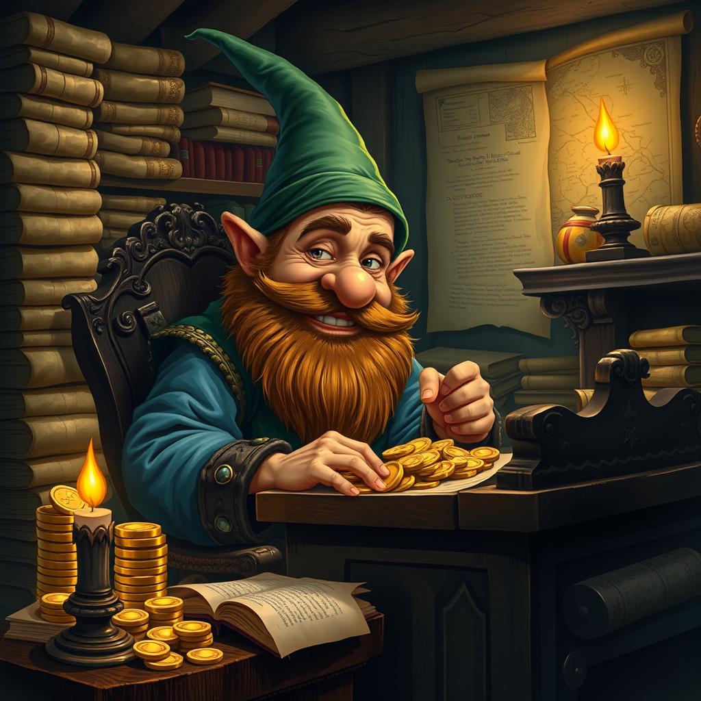 A cunning dwarf moneylender in a dimly lit office, surrounded by towering stacks of gold coins and sparkling jewels