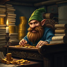 A cunning dwarf moneylender in a dimly lit office, surrounded by towering stacks of gold coins and sparkling jewels