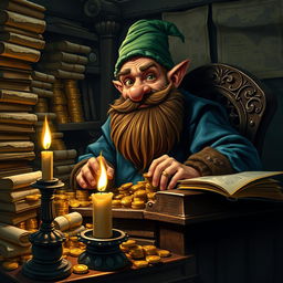A cunning dwarf moneylender in a dimly lit office, surrounded by towering stacks of gold coins and sparkling jewels