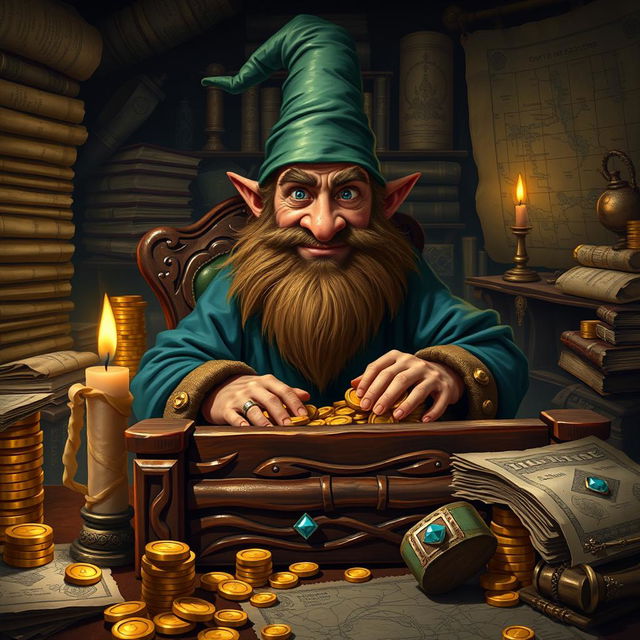 A cunning dwarf moneylender in a dimly lit office, surrounded by towering stacks of gold coins and sparkling jewels