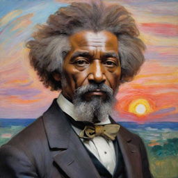 Create an image of a 12-year-old Frederick Douglass gazing at a sunset, symbolic of his quest for freedom, rendered in Claude Monet's impressionistic style. His aspiring eyes meet the horizon, the vibrant strokes capturing the evocative moment and the promise it holds.