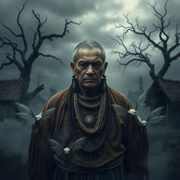 A gloomy village chief in a dark, shadowy atmosphere, dressed in traditional, worn clothing adorned with intricate tribal patterns