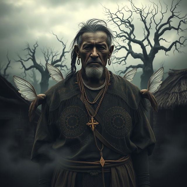 A gloomy village chief in a dark, shadowy atmosphere, dressed in traditional, worn clothing adorned with intricate tribal patterns