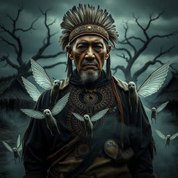 A gloomy village chief in a dark, shadowy atmosphere, dressed in traditional, worn clothing adorned with intricate tribal patterns