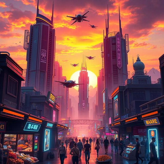 A futuristic cityscape at sunset, featuring towering skyscrapers with neon lights, flying cars zooming past, and people in stylish cyberpunk outfits walking on the streets